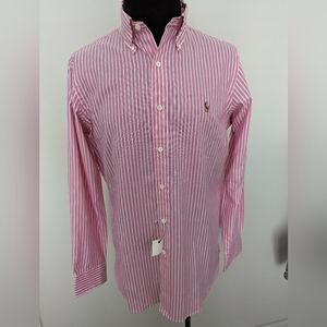 Polo Ralph Lauren Men's Medium Button down Oxford shirt Pink White Stripe New